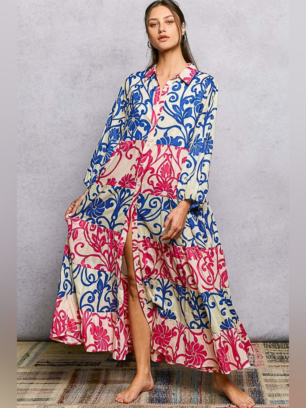 #173 Bohemian Floral Tiered Button-Front Maxi Dress in Blue & Pink